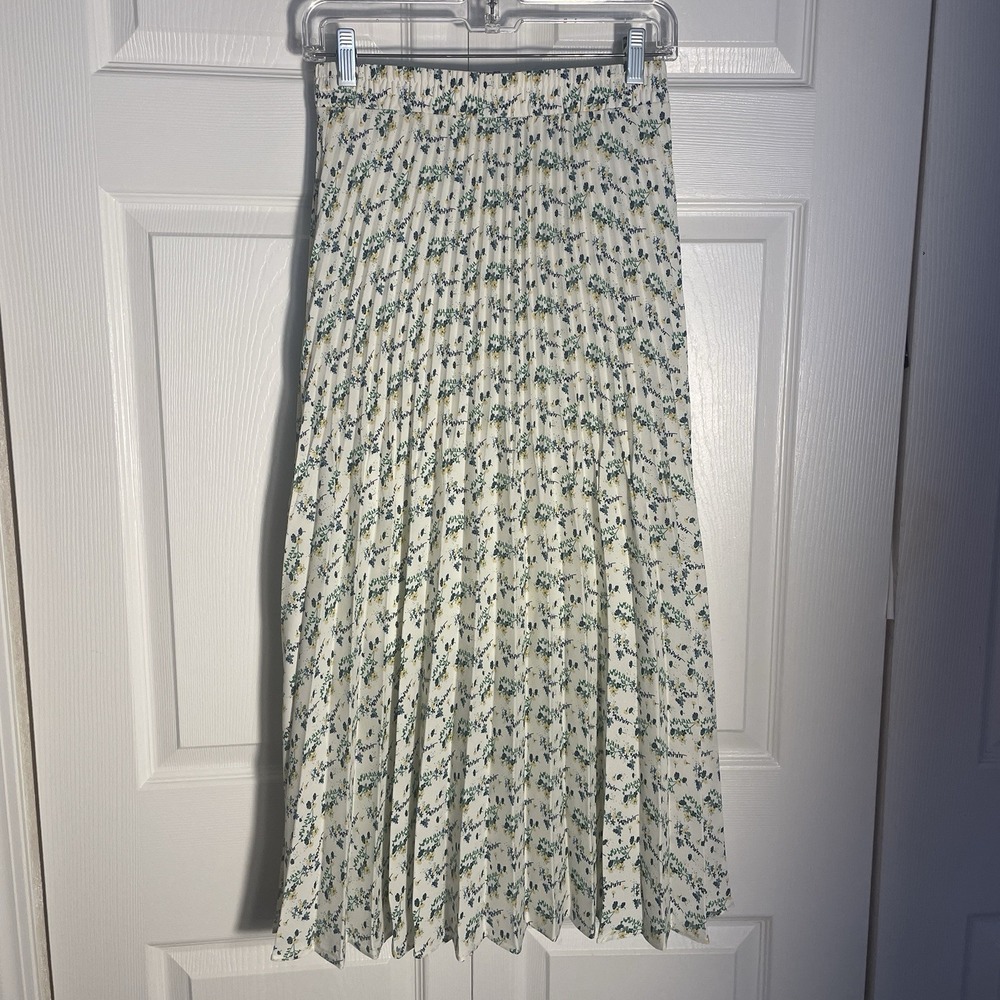 Max Studio Pleated Maxi Skirt Women XS Beige Yellow Green Floral Elastic Waist